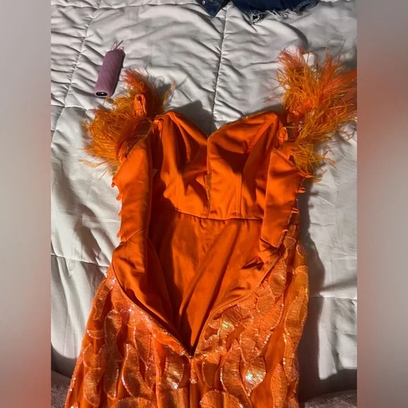 open lace back dress Orange Sequined Slit Feathered Hem Prom Dress